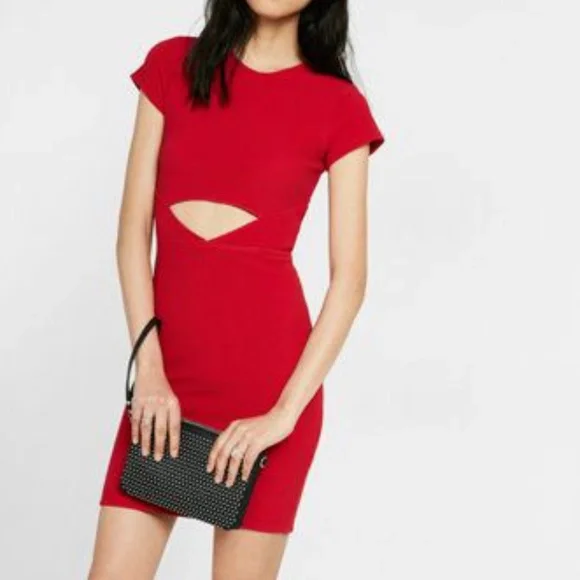 Express Red Ribbed Short Sleeve Cutout Dress